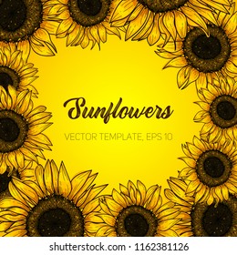 Botanical floral illustration, wild meadow sunflower, on yellow background, card template, for book, cover, banner. Hand painted flowers. Vector, eps 10