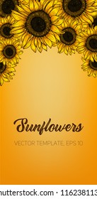 Botanical floral illustration, wild meadow sunflower, on yellow background, card template, for book, cover, banner. Hand painted flowers. Vector, eps 10