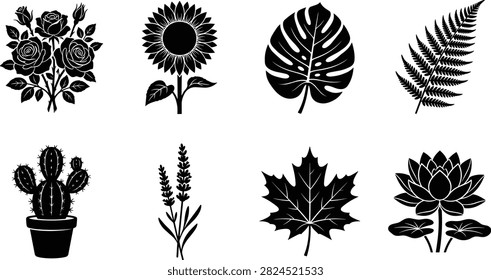 Botanical floral and leaf silhouette vector icon set featuring roses sunflower monstera and lotus elements