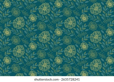 botanical floral line art pattern in seamless repeat with modern outline rose and cotton for textile and gift wraps

