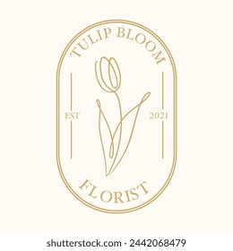 Botanical floral logo. Tulip hand drawn logo for florist, beauty salon, boutique, shop. Abstract tulip flower continuous line logo. Minimalist contour drawing of tulip. Label, stamp, emblem logo