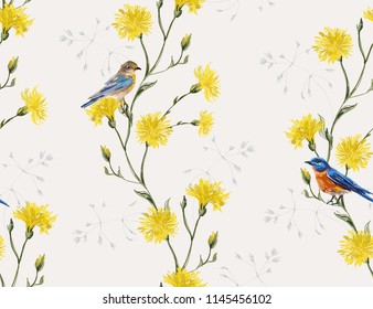 Botanical floral meadow background with hand drawn flowers, birds for textile, fabric, covers,wallpapers,print, gift wrap,scrapbook in watercolor stile. Vector vintage traditional folk illustration