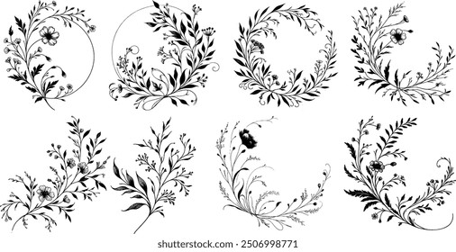 Botanical Floral Natural Bouquet Leaf Plant Flower Garden Wedding Decorative Blossom Rustic Ornament Frame Border Silhouette Vector Element set.Vintage Nature Elegant Decoration Drawing Illustration.