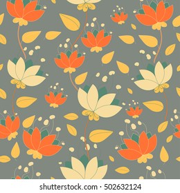 Botanical floral pattern with cute branches and leaves. Seamless vector background.