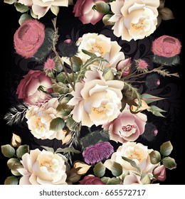 Botanical floral pattern with rose flowers for design. Ideal for fabric