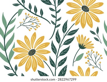 Botanical floral pattern with yellow flowers and green leaves.