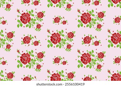 Botanical floral pixel art vector seamless pattern with roses and leaves. Romance flora pixel art pattern. vintage flora rose and love. Design for clothing, fabric, rug, carpet, woven and decoration.