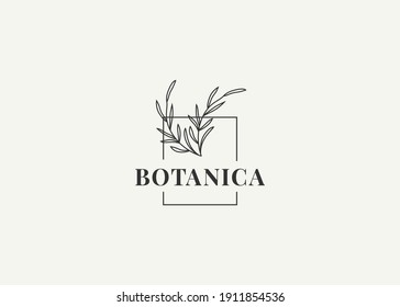 Botanical Floral With Rectangle Frame Logo Design. Vintage Modern Icon Line Art Design Template