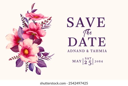 Botanical floral save the date card with watercolor bouquet design, aesthetic botanical floral wedding invitation card design with a combination of beautiful foliage flower bouquet and purple leaves