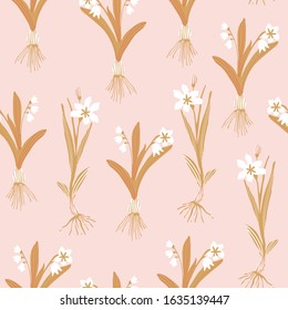 Botanical floral seamless pattern. Blooming spring flowers with bulbs in a row. Hand drawn vector illustration for wallpaper, textile, fabric, surface design