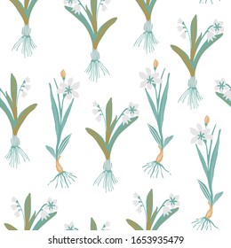 Patrón inoxidable de las flores botánicas. Flores primaverales florecientes con bombillas seguidas. Ilustración vectorial dibujada a mano para papel pintado, textil, tela, diseño de superficie