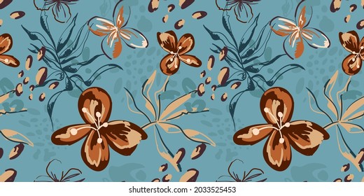patrón sin costuras floral botánico al estilo boho. Patrón con follaje y leopardo impreso. Ilustraciones abstractas de moda dibujadas a mano.