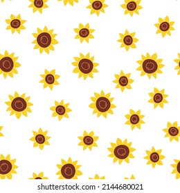 Botanical floral seamless pattern with cartoon flat sunflower on white background, for textile, wrapping. Summer wallpaper