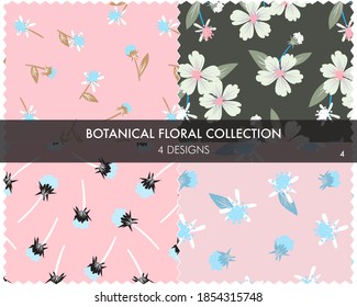 La colección de patrones sin soldadura botánica Floral incluye 4 muestras de diseño para impresiones de moda, gráficos, fondos y artesanías