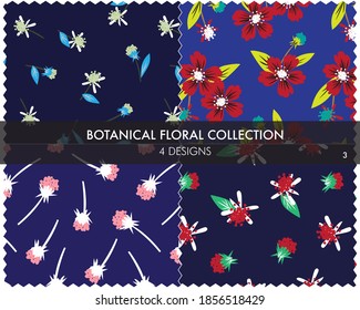 La colección de patrones sin soldadura botánica Floral incluye 4 muestras de diseño para impresiones de moda, gráficos, fondos y artesanías