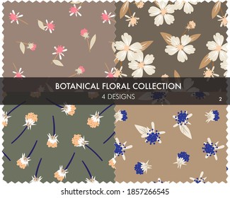 Botanical Floral seamless pattern collection includes 4 design swatches for fashion prints, graphics, backgrounds and crafts