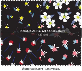 Botanical Floral seamless pattern collection includes 4 design swatches for fashion prints, graphics, backgrounds and crafts