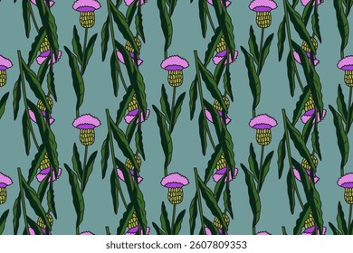 Botanical floral seamless pattern with cornflowers vector illustration. Repeating pink flowers with green leaves in blue background. Graphic design for Fashion Cover Textile Birthday Greeting Card