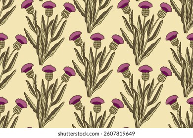Botanical floral seamless pattern with cornflowers bouquet vector illustration. Repeating pink flowers with brown leaves in beige background. Graphic design for Fashion Cover Textile Wedding Birthday 