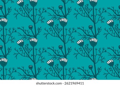 Patrón floral botánico sin fisuras con Ilustración vectorial de flores de margarita. Plantas de manzanilla repetitivas en fondo azul pastel. Diseño gráfico para la cubierta de la moda Boda textil Tarjeta de felicitación Póster