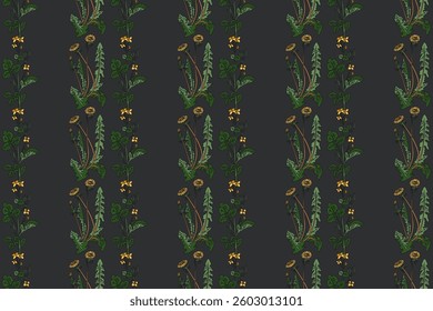 Botanical floral seamless pattern with dandelion and celandine flowers vector illustration. Repeating plant pattern in black background. Graphic design for Fashion Cover Textile Birthday Greeting Card