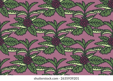 Padrão floral botânico sem emenda com ilustração vetorial de flores exóticas. Plantas tropicais repetitivas com flores Folhas em fundo roxo pastel. Design gráfico para moda casamento cartão têxtil
