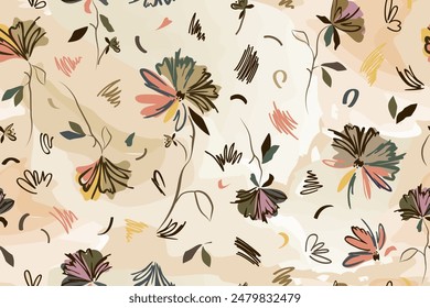 botanical floral seamless pattern with flowers and plants sketch drawing, watercolor background. Abstract handmade flowers.  Contours and strokes, beige-sand tone. Designer wallpaper, cover, textiles