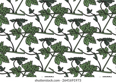 Botanical floral seamless pattern with grapevine vector illustration. Repeating vine plant with long stem and green leaves in white background. Graphic design for Cover Birthday Wedding Fashion Card