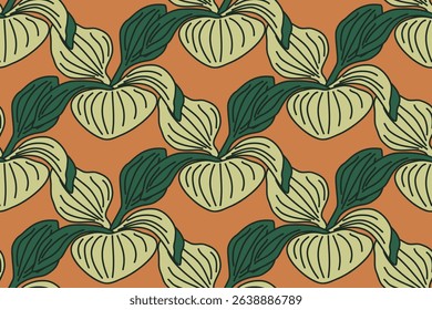 Botanical floral seamless pattern with green leaves vector illustration. Repeating foliages plants in orange background. Graphic design for Fashion Wedding Textile Greeting Card Cover Birthday Print