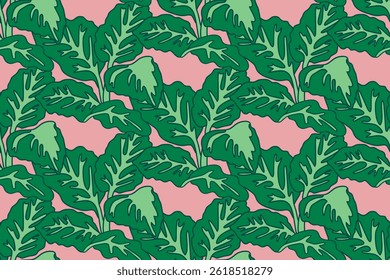 Botanical floral seamless pattern with leaves vector illustration. Colorful repeating cartoon green foliage in pink background. Graphic design for Fashion Cover Textile Birthday Greeting Card Print