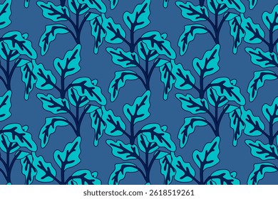 Botanical floral seamless pattern with leaves vector illustration. Colorful repeating cartoon blue foliage in blue background. Graphic design for Fashion Cover Textile Birthday Greeting Card Print
