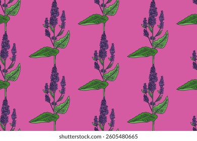 Botanical floral seamless pattern with lilac branches vector illustration.Repeating lilac flowers in pink background. Graphic design for Fashion Cover Textile Birthday Greeting Card Invitation Wedding