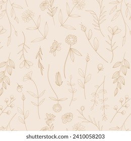 Botanical floral seamless pattern with mixed flowers, endless texture, ink sketch art. Vector illustration for wedding invitations, wallpaper, textile, wrapping paper.