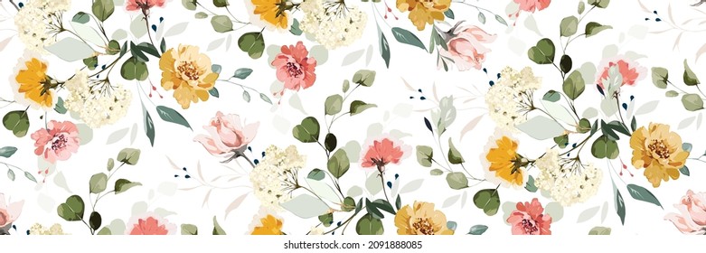 botanical floral seamless pattern with roses, herbs and leaves. Background with flowers