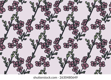 Botanical floral seamless pattern with small flowers on branches vector illustration.Repeating plants in pastel purple background. Graphic design for Fashion Wedding Textile Greeting Card Cover Banner