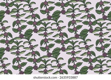 Botanical floral seamless pattern with sprig mint vector illustration. Repeating mint herb plants with Flowers Leaves Stems in pastel purple background. Graphic design for Fashion Textile Wedding Card