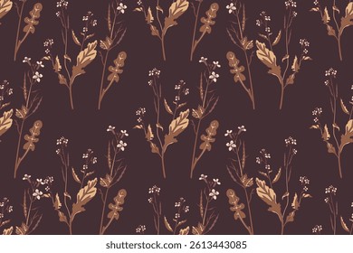 Botanical floral seamless pattern with wildflowers bouquet vector illustration.Repeating plants with stems, leaves, flowers in pastel brown background. Graphic design for Fashion Cover Textile Wedding