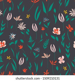 Botanical floral seamless vector pattern with colorful flowers and leaves editable and separable