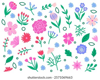 Botanical floral set with leaves and different flat flowers. Spring or summer set. Vector cute illustration for decor