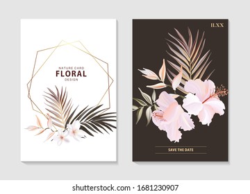 Botanical floral set with wild  hibiscus flower, tender palm leaves, plumeria bloom and geometric gold shape. Anniversary brochure, wedding invite, nature arrangement banner, summer poster. vector. 