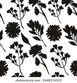 Botanical floral silhouette pattern on white background. Ideal for textile, home decor, banner, cover, etc