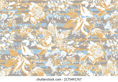 botanical floral sketch seamless digital print pattern design in vector with abstract natural textures stripes, cells