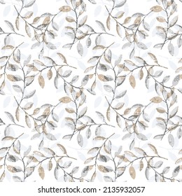 botanical floral texture brown leaves illustration seamless pattern on slub textured white background Seamless pattern with natural shape leaves Floral ornament decoration.