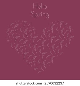 Botanical floral vector art depicting spring background with white linear flowers, showcasing heart. Illustration on dark red square
