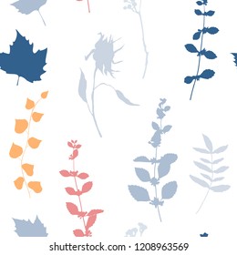 Botanical floral vector seamless pattern with hand drawn herbs, plants, flowers and leaves.