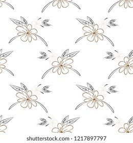 Botanical floral vector seamless pattern with hand drawn herbs, plants, flowers and leaves. Minimalist style.