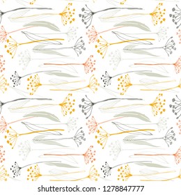 Botanical floral vector seamless pattern with hand drawn herbs, plants, flowers and leaves. 
