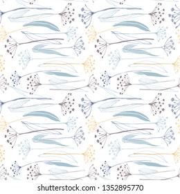 Botanical floral vector seamless pattern with hand drawn herbs, plants, flowers and leaves. 
