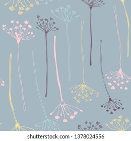 Botanical floral vector seamless pattern with hand drawn herbs, plants, flowers and leaves. 

