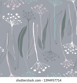 Botanical floral vector seamless pattern with hand drawn herbs, plants, flowers and leaves. 
